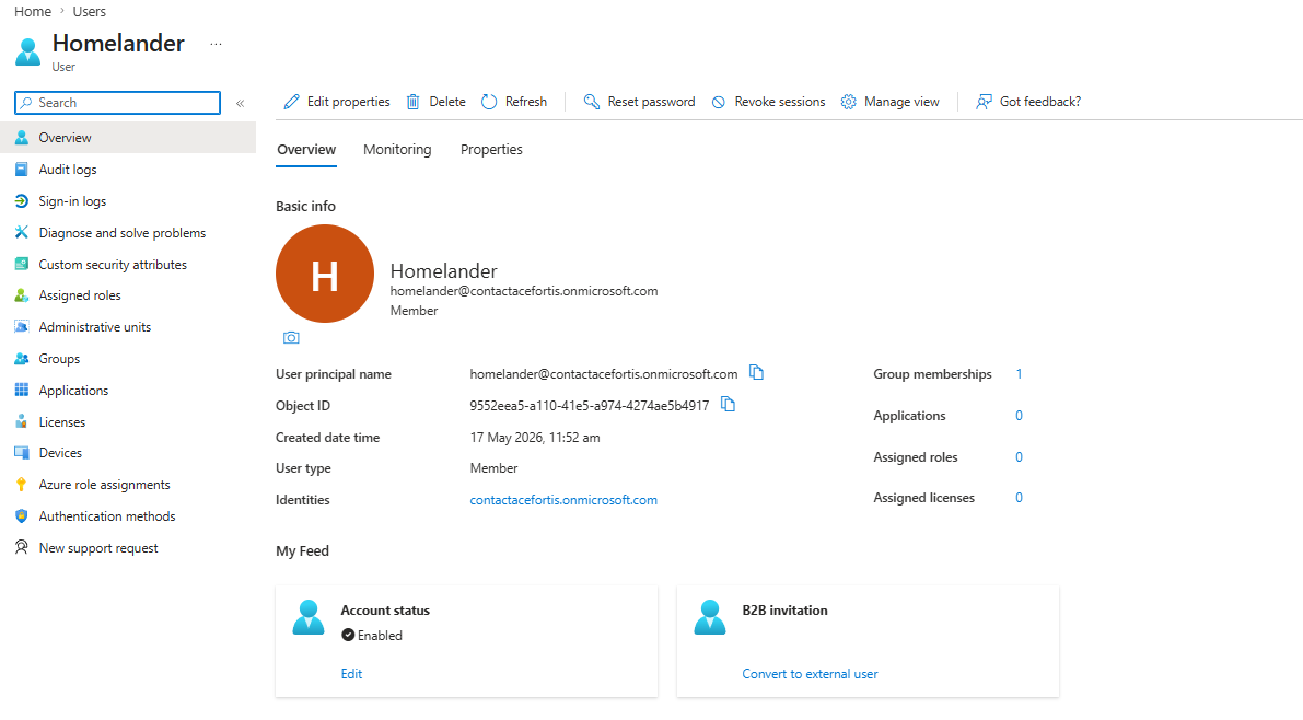 Azure Entra ID user profile for Homelander showing all synced properties including job title, department, and UPN